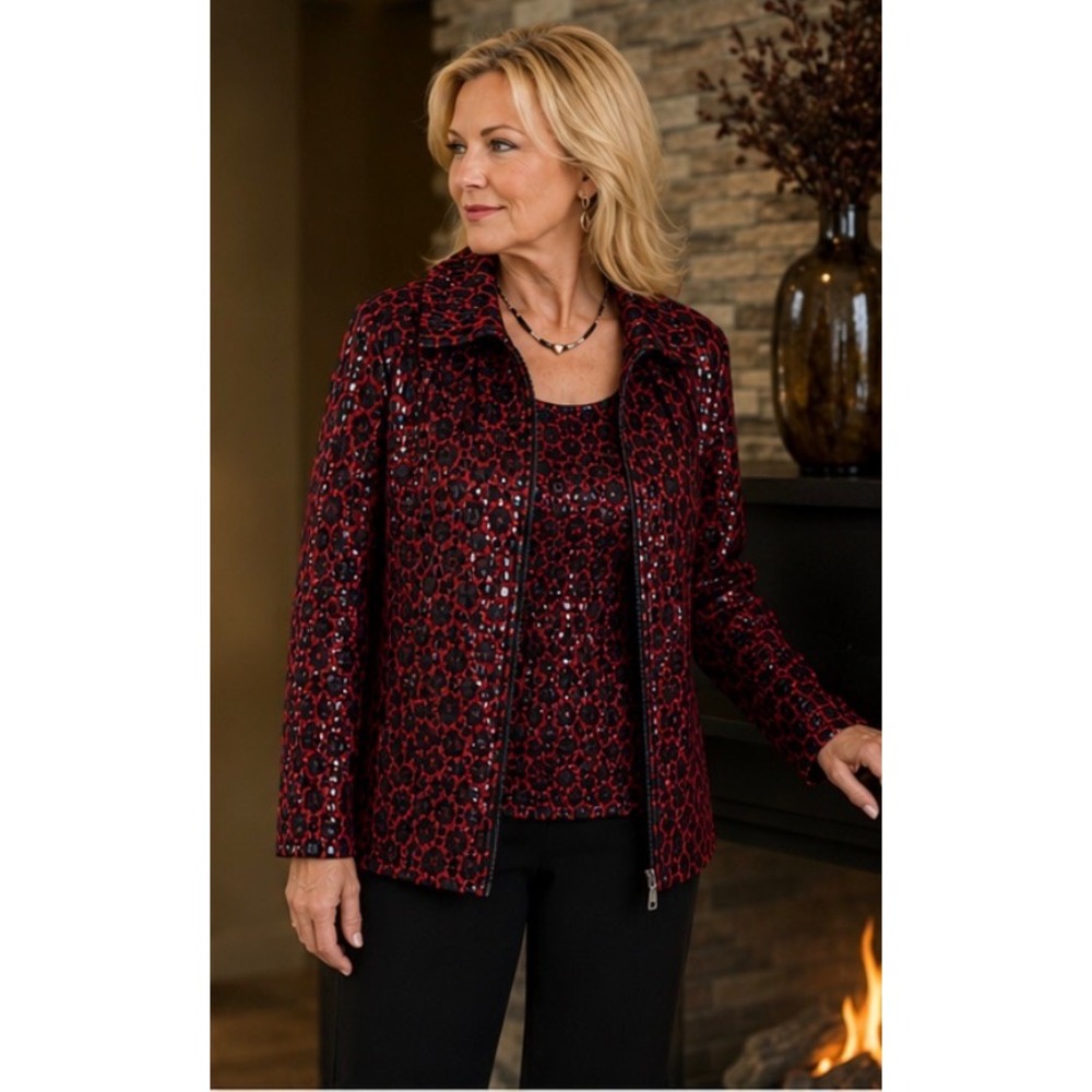 Piccadilly Fashion XL Wearable Art Embellished Leopard Jacket Tank Set Red Black
